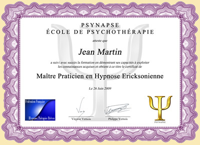 Diplome Maître Praticien en Hypnose Ericksonienne